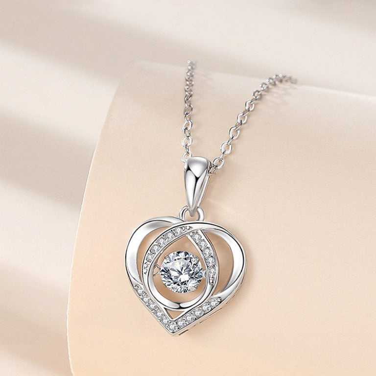 S925 Beating Heart-shaped Necklace with Rhinestones