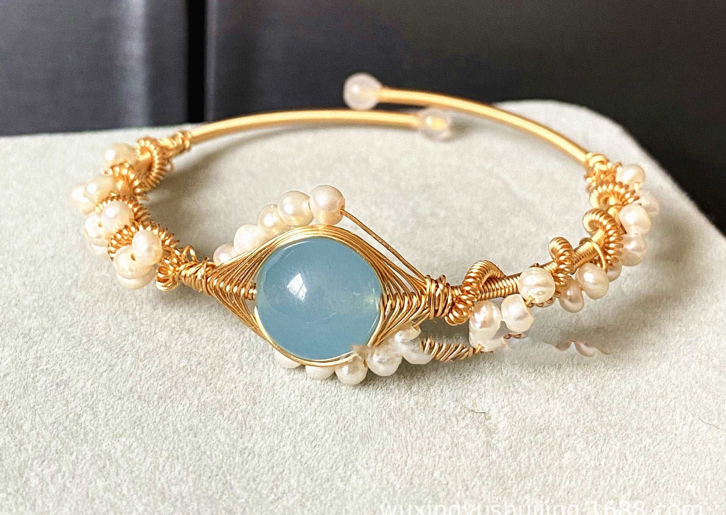 14K GoldWrapped Handmade Bracelet Hailan Baohai Sapphire Natural White Pearl Bracelet - Jps collections