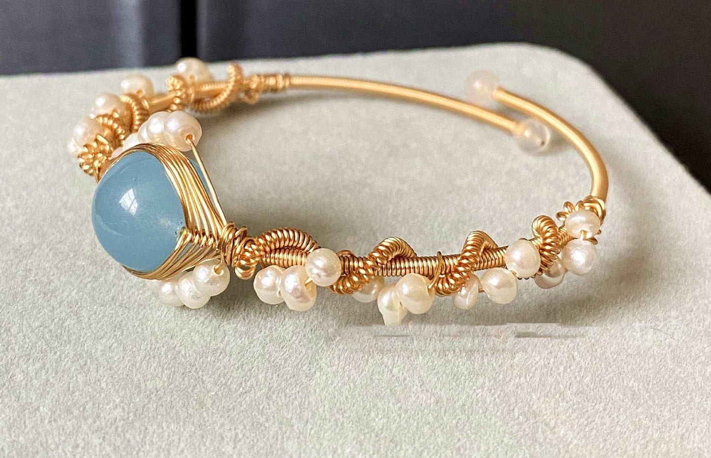 14K GoldWrapped Handmade Bracelet Hailan Baohai Sapphire Natural White Pearl Bracelet - Jps collections