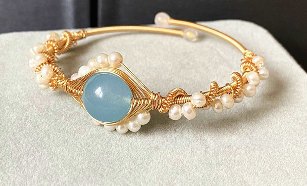 14K GoldWrapped Handmade Bracelet Hailan Baohai Sapphire Natural White Pearl Bracelet - Jps collections