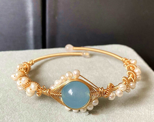 14K GoldWrapped Handmade Bracelet Hailan Baohai Sapphire Natural White Pearl Bracelet - Jps collections