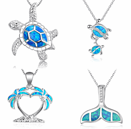 Blue Opal Sea Turtle/Palm Tree Pendant Necklace