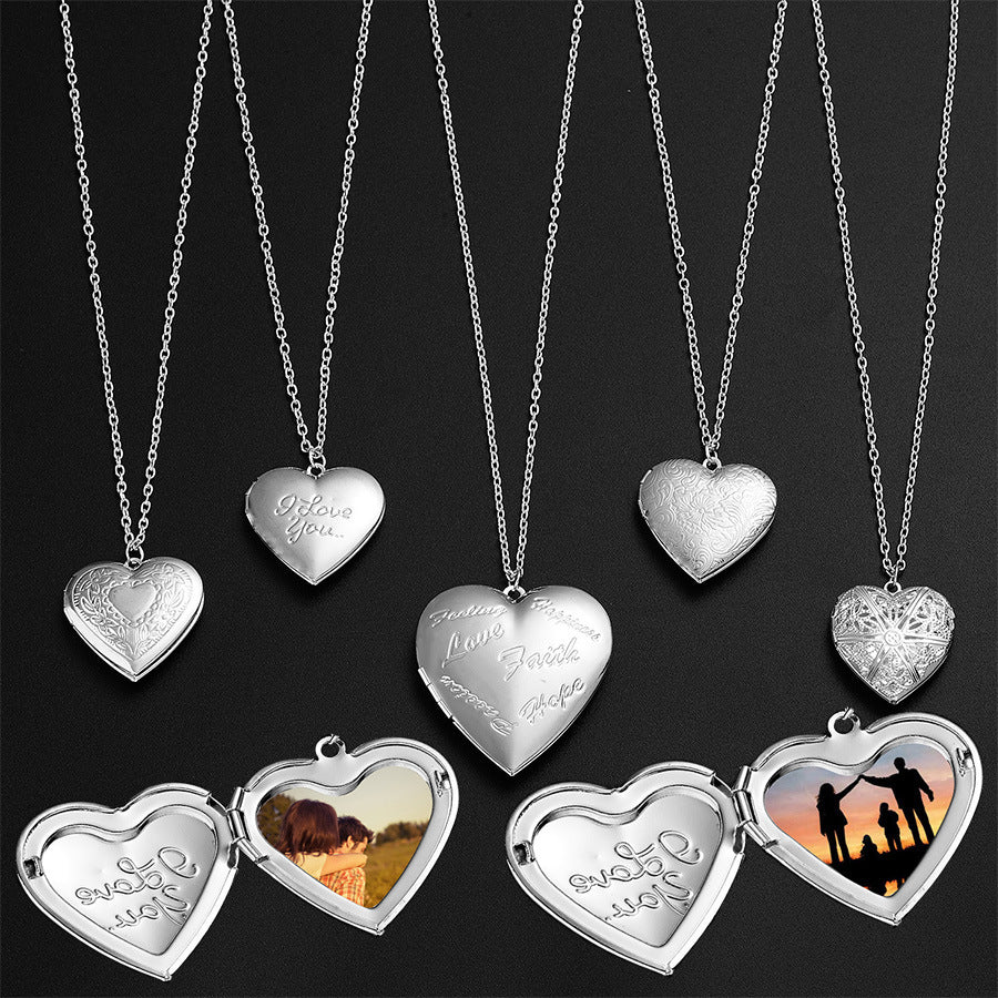 Personalized Carved Design Heart Shaped Photo Frame Pendant & Necklace