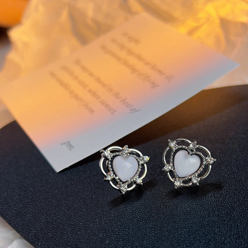 Sparkling Opal Heart Shape With Diamond Stud Earrings