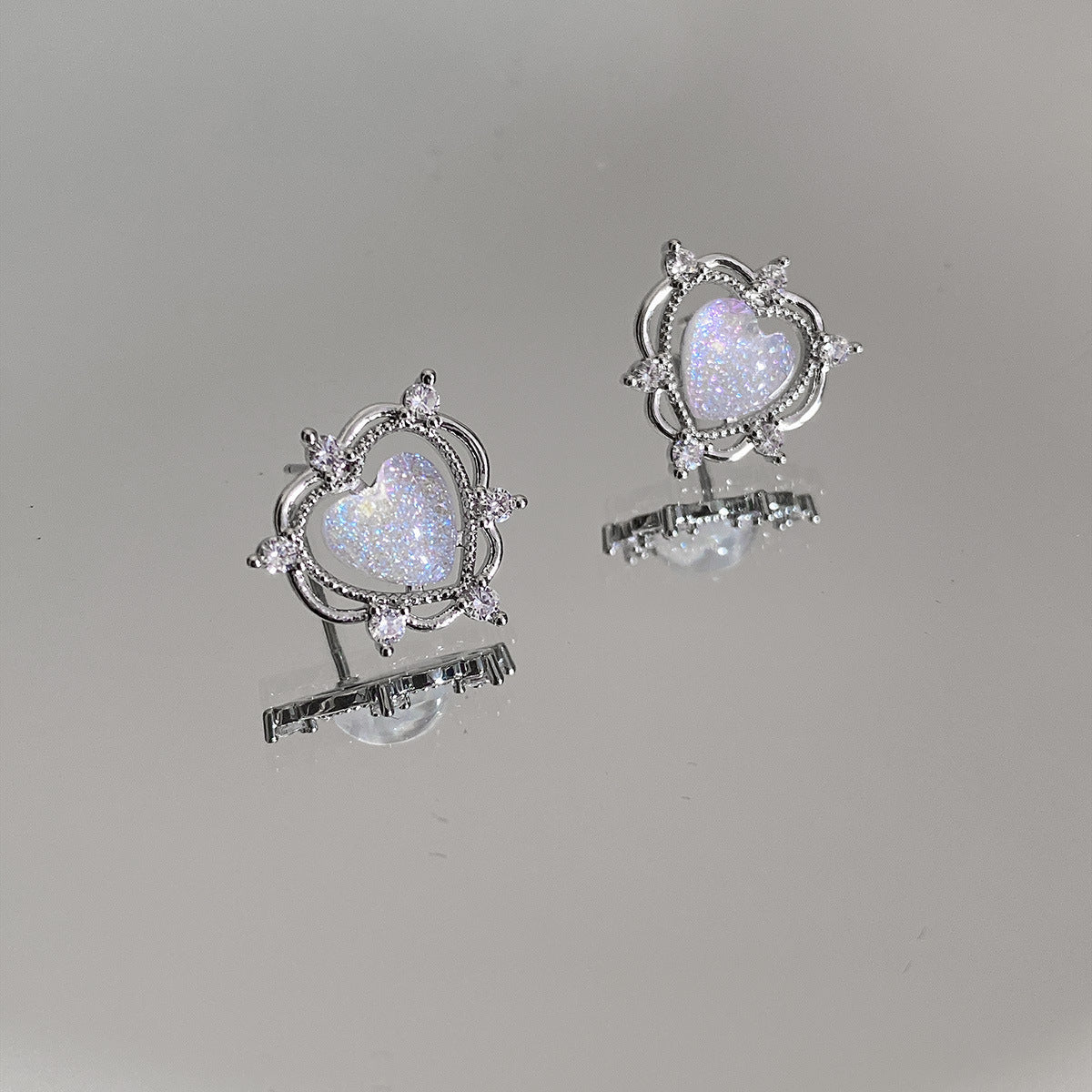 Sparkling Opal Heart Shape With Diamond Stud Earrings