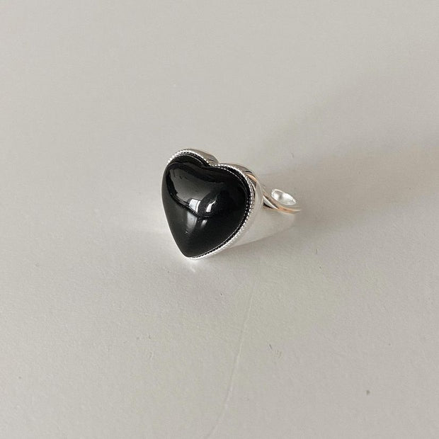 Silver Black Agate Loving Heart With Opening Women's Ring Simple