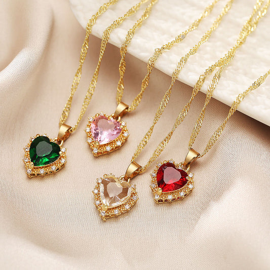 Colorful Rhinestones Heart-shaped Necklace Love Gold Clavicle