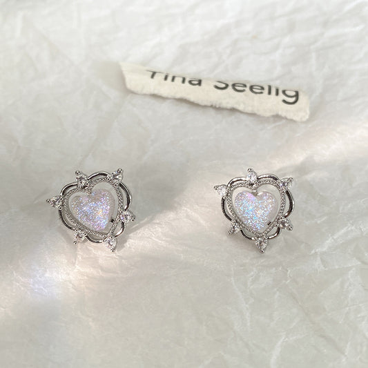 Sparkling Opal Heart Shape With Diamond Stud Earrings