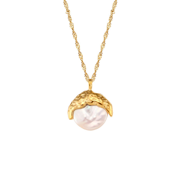 Stainless Steel 18K Gold Plating Concave-convex Metal Baroque Pearl Pendant Necklace