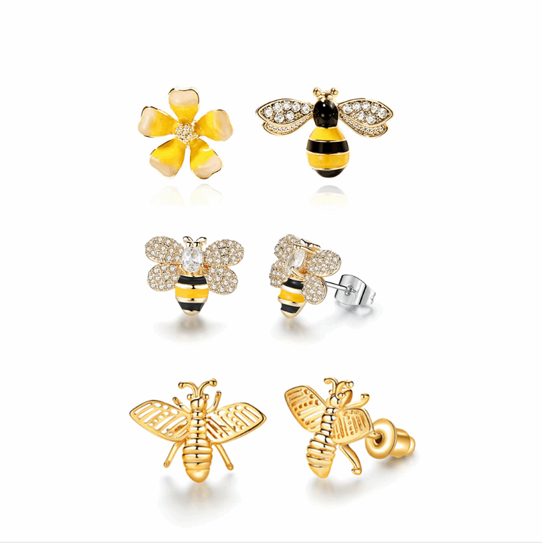3 Styles Korean Inlaid Crystal Rhinestone Bee Earings For Women Sweet Beauty Simple Atmosphere Stud Earrings D333 - Jps collections