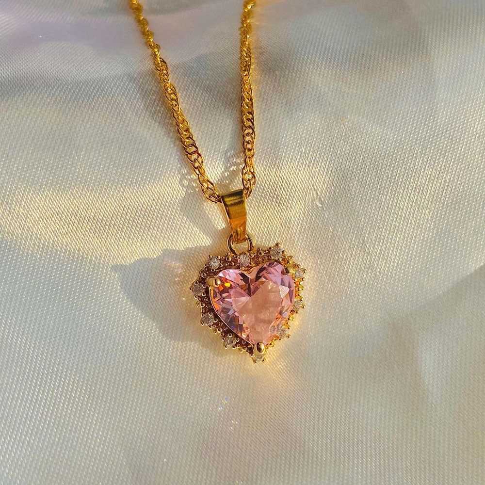 Colorful Rhinestones Heart-shaped Necklace Love Gold Clavicle