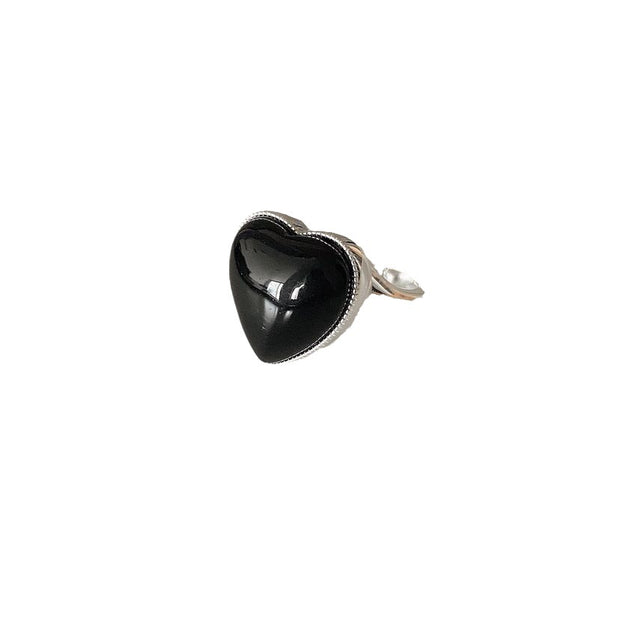 Silver Black Agate Loving Heart With Opening Women's Ring Simple