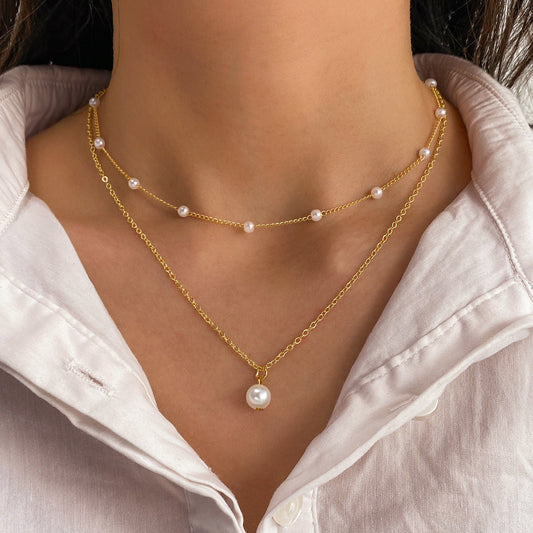 Fashion Jewelry Women's Pearl Tassel Pendant Double-layer Necklace Gold Pearl Necklace For Women