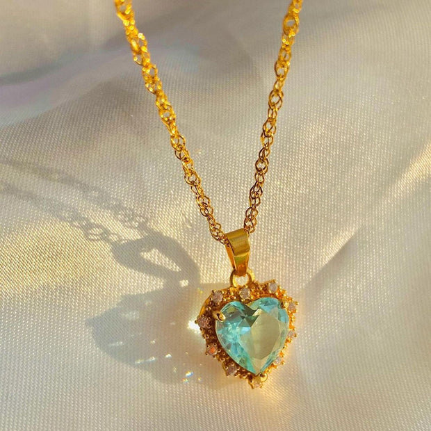 Colorful Rhinestones Heart-shaped Necklace Love Gold Clavicle