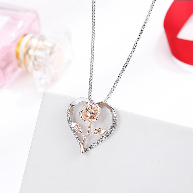 Zircon Heart Rose Silver Necklace