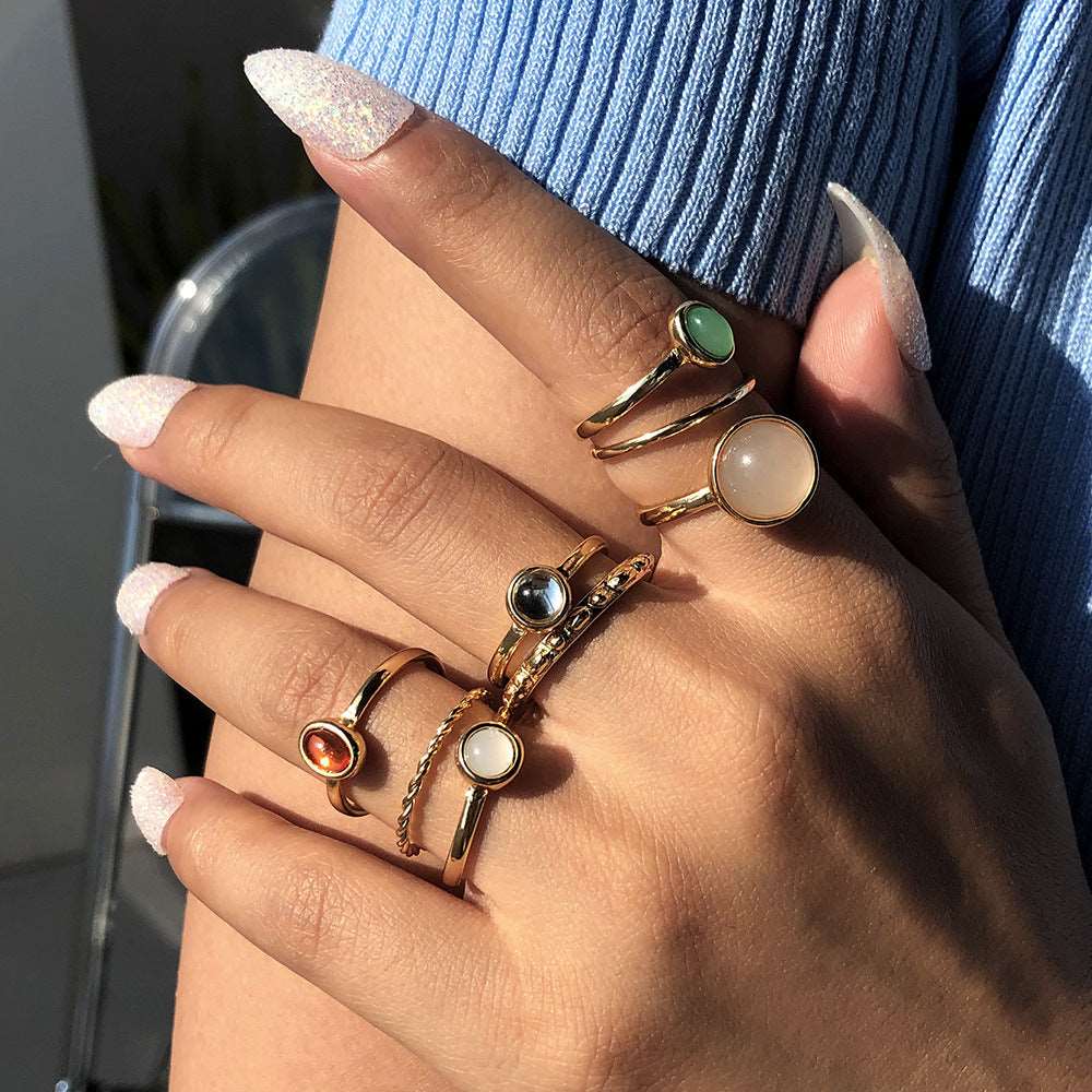 Colorful Stone Metallic Finger Rings Joint Combination Rings For Women Girl Rings