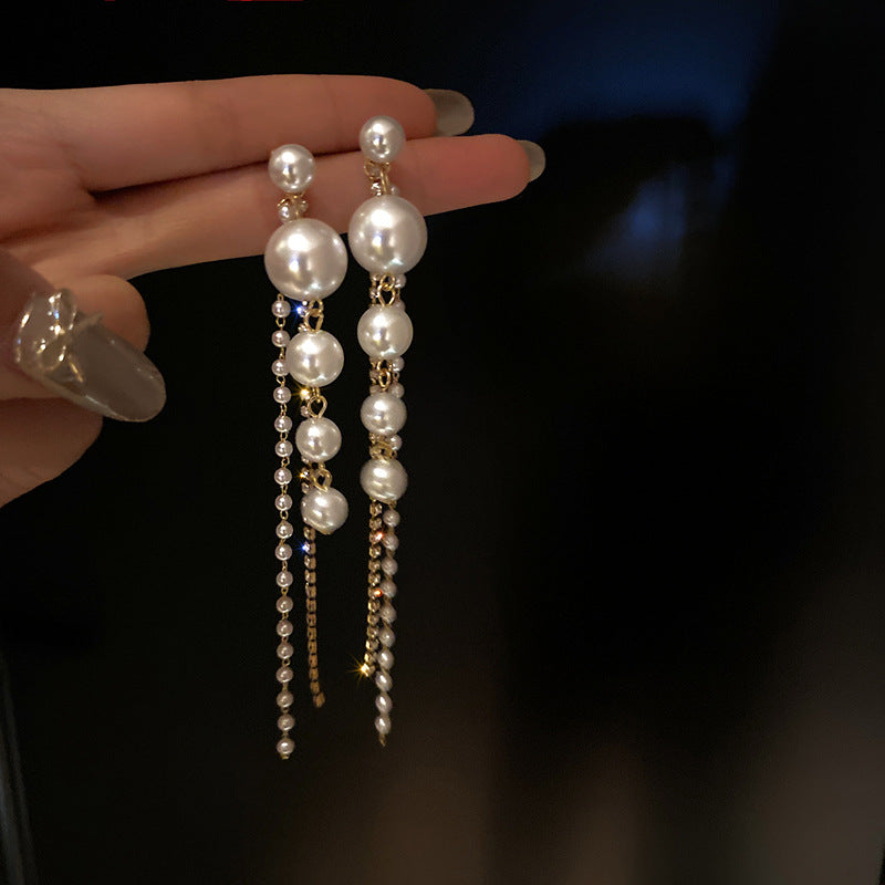 Temperament Pearl Tassel Long Earrings