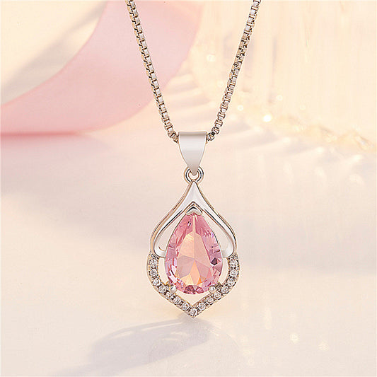 European And American Style New Colored Gems Water Drop Pendant Clavicle Chain