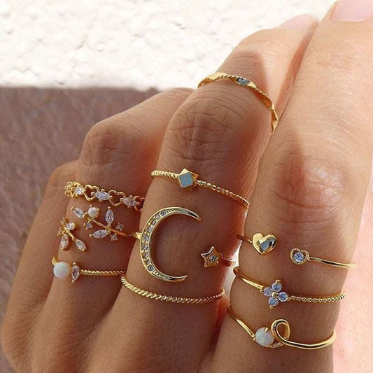 Bohemian Fashion Star Moon Love Pearl Leaf 10-Piece Ring