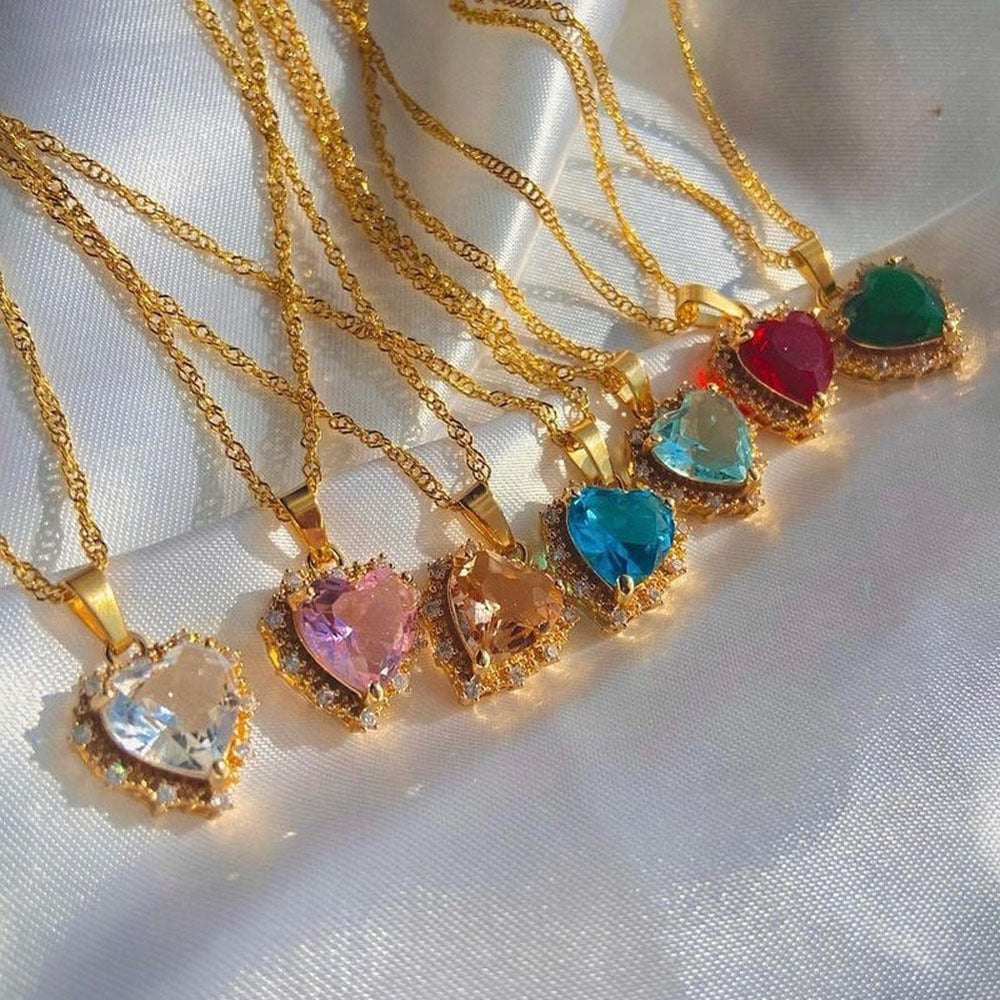 Colorful Rhinestones Heart-shaped Necklace Love Gold Clavicle