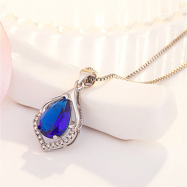 European And American Style New Colored Gems Water Drop Pendant Clavicle Chain