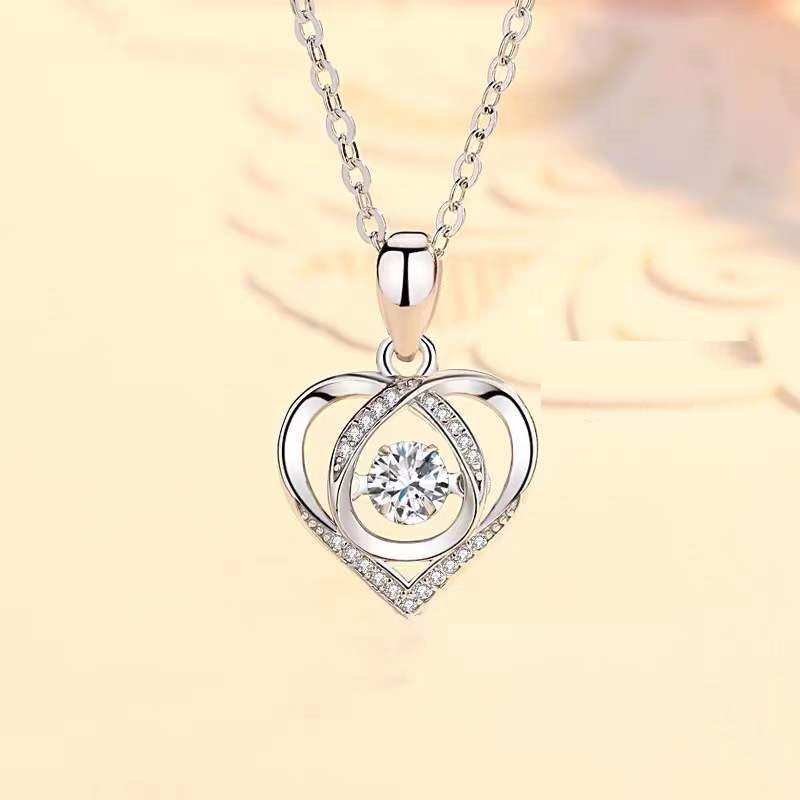 S925 Beating Heart-shaped Necklace with Rhinestones