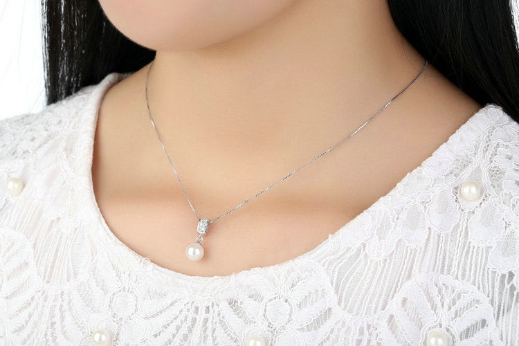925 Sterling Silver Simulated Pearl Pendant Necklace Long Chain Necklace Jewelry Wedding Necklace - Jps collections