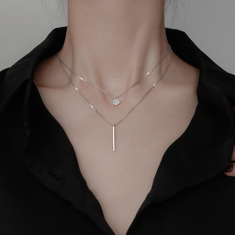 Square Stripe  Diamond Round Double Necklace