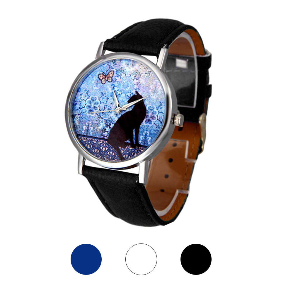 New Cute Small Fresh Cat Pattern Quartz Leather Watch Student Couple Watch - Jps collections