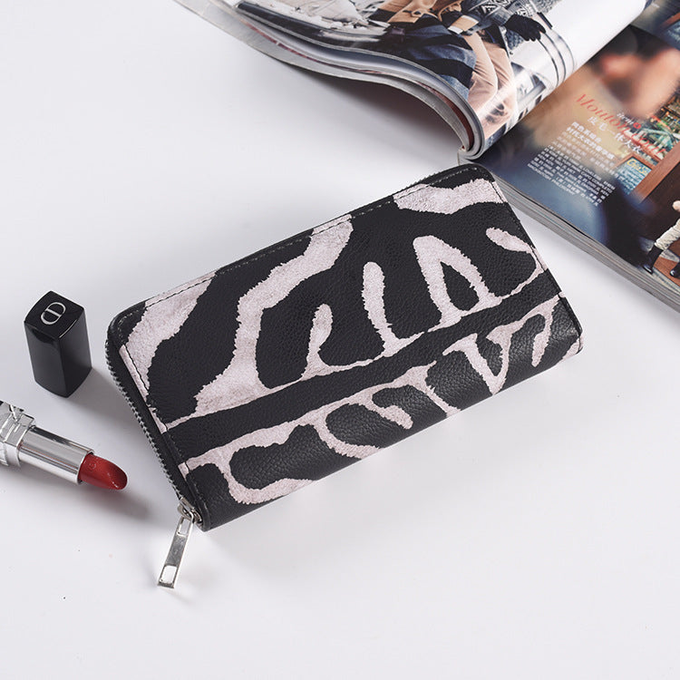 Fashion Long Zipper Women Wallets Bright Leather Black and White Wallet Wallet Prismatic Bag Flower Corner Clutch Bag Purse - Jps collections