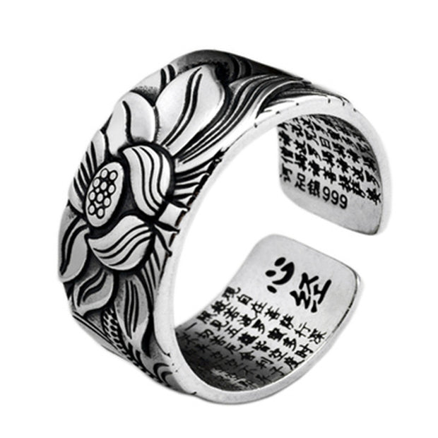 Buddhism Jewelry Like Vintage And Old Real Silver Plated Prajna Paramita Heart Sutra Lotus Ring - Jps collections