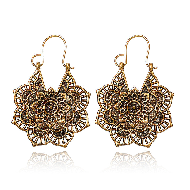 Vintage ethnic style metal openwork floral flower earrings - Jps collections