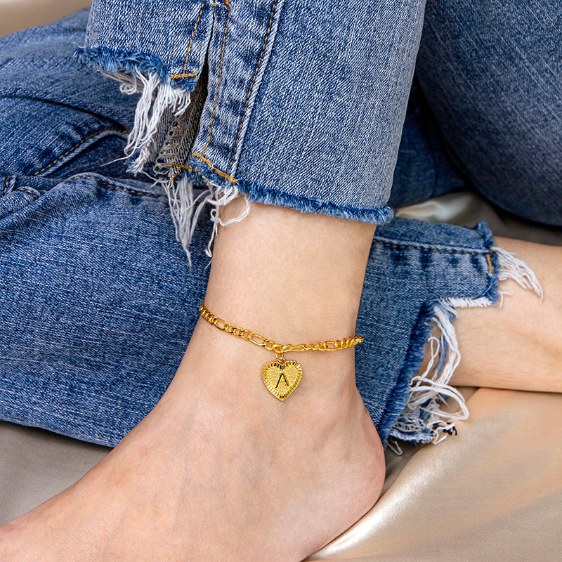 Initial Letter Anklet Gold Color Heart Pendant Foot Bracelets Women