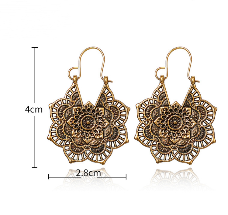 Vintage ethnic style metal openwork floral flower earrings - Jps collections