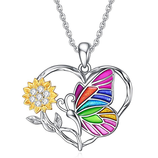 Romantic Colorful Butterfly Sunflower Heart Pendant Necklace