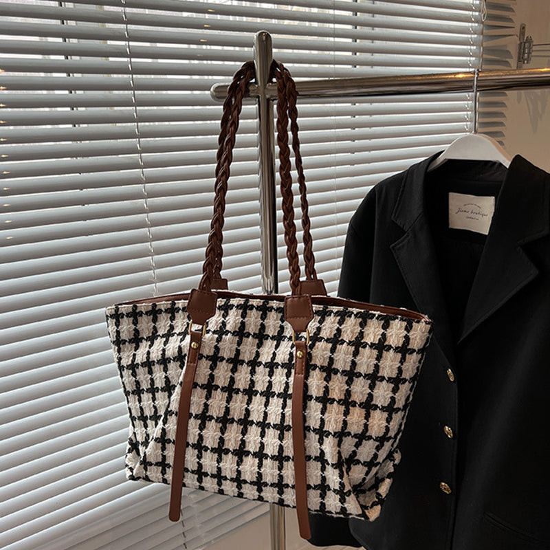 Plaid Totes Woven Shoulder Strap Bags Women Handbag