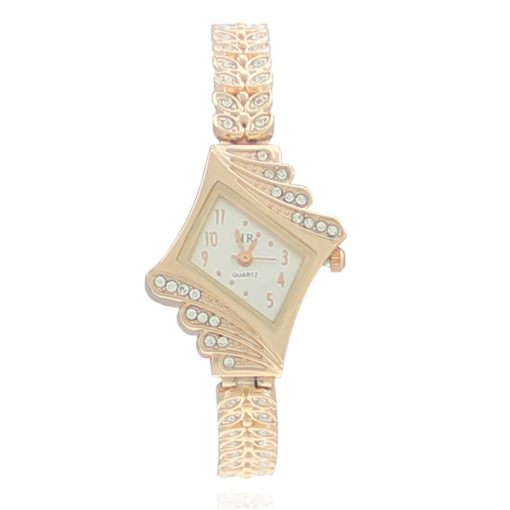 Stone Paved Wheat Shaped Metal Wristwatch for Women Rose Golden Color - Jps collections