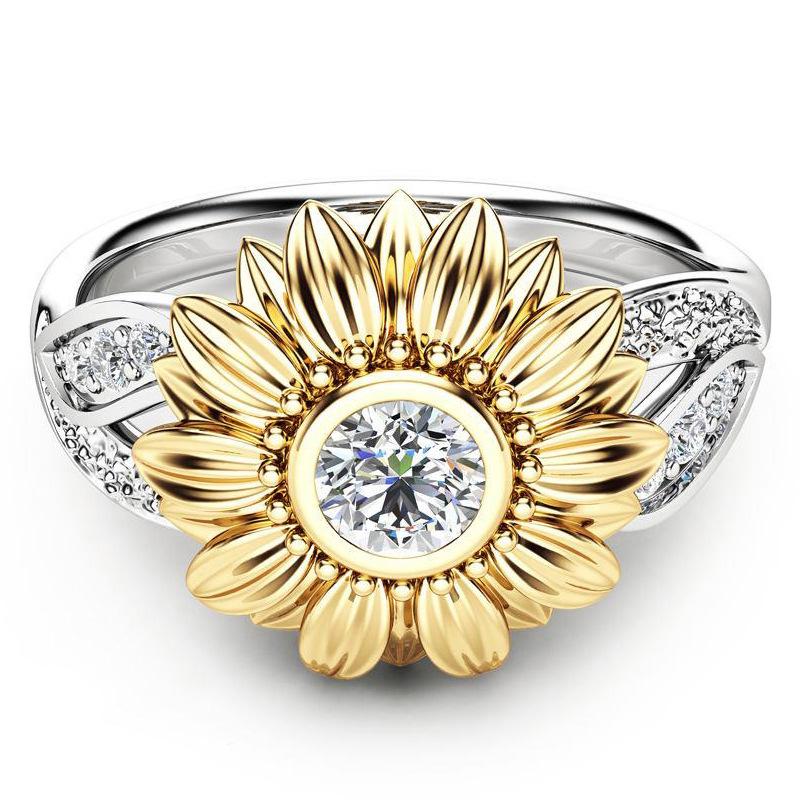 New gold-plated couple ring sunflower flower color separation zircon ring - Jps collections