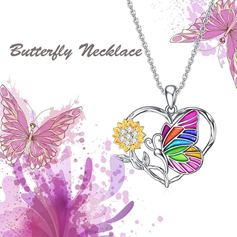 Romantic Colorful Butterfly Sunflower Heart Pendant Necklace