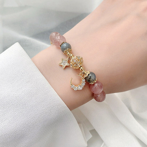 Natural Stone Star And Moon Strawberry Crystal Bracelet