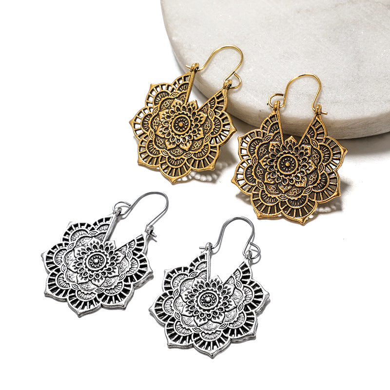 Vintage ethnic style metal openwork floral flower earrings - Jps collections