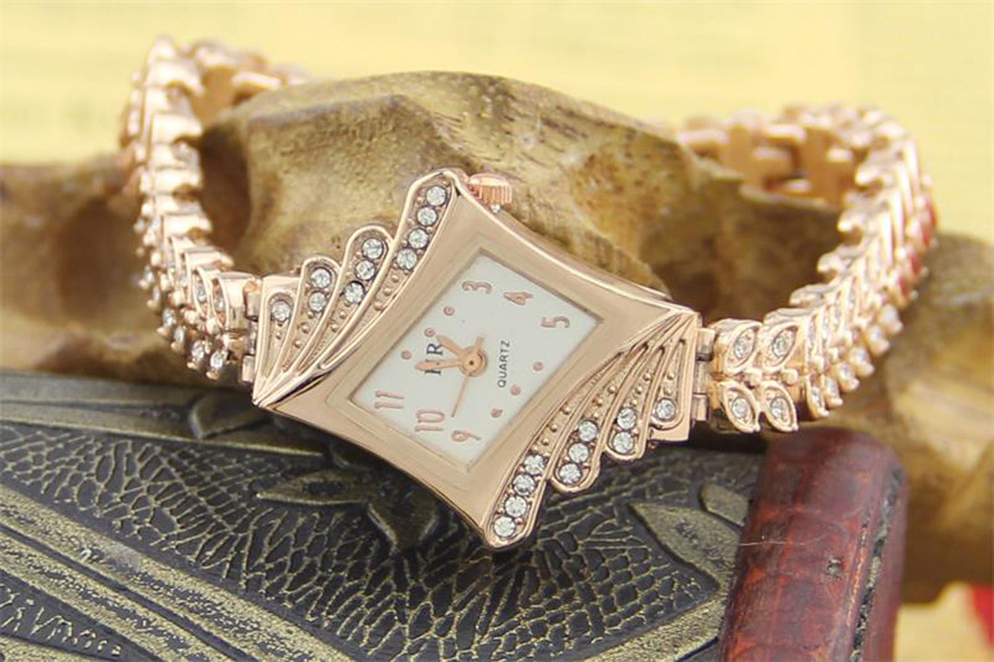 Stone Paved Wheat Shaped Metal Wristwatch for Women Rose Golden Color - Jps collections