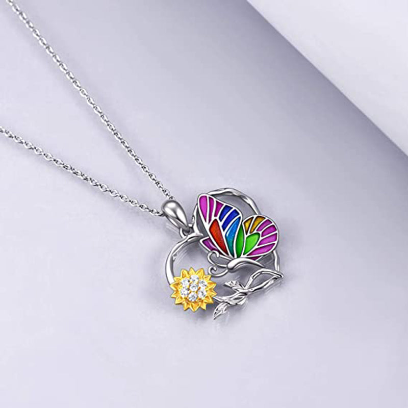 Romantic Colorful Butterfly Sunflower Heart Pendant Necklace