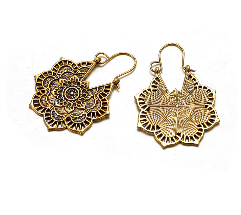 Vintage ethnic style metal openwork floral flower earrings - Jps collections