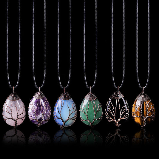 Natural Stone Crystal Drop-shaped Winding Tree Of Life Pendant Necklace Jewelry - Jps collections