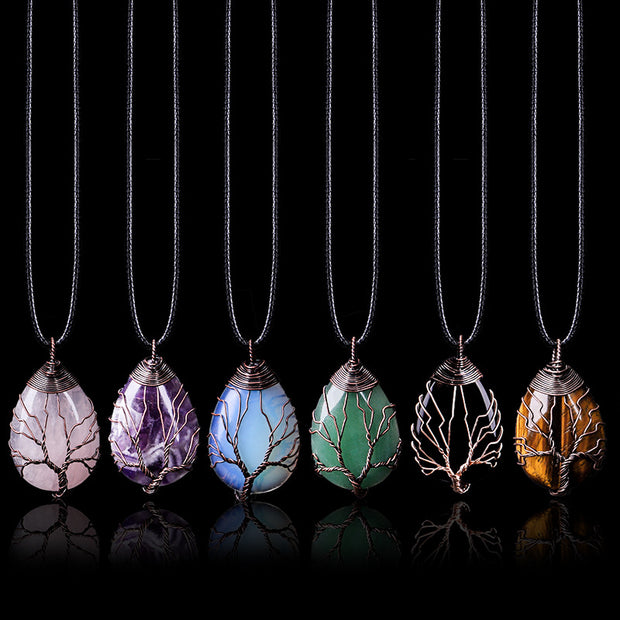 Natural Stone Crystal Drop-shaped Winding Tree Of Life Pendant Necklace Jewelry - Jps collections