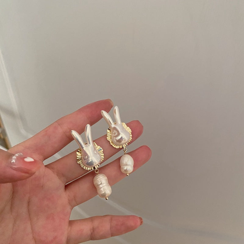 925 Silver Needle Cute Pearl Bunny Baroque Pearl