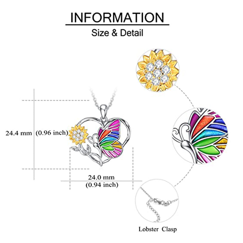 Romantic Colorful Butterfly Sunflower Heart Pendant Necklace