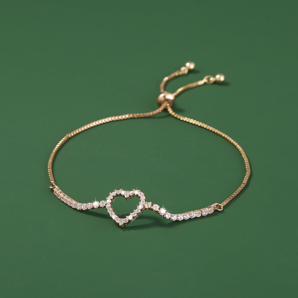 Gold Open Heart Brass Micro-Set Zircon Pendant Shrink-Pull Brass Bead Bracelet